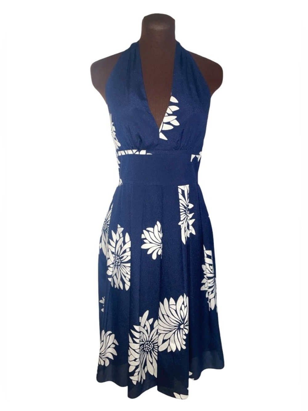 ADRIANNA PAPELL Navy Blue & White Floral Halter Tie Dress Size 2
